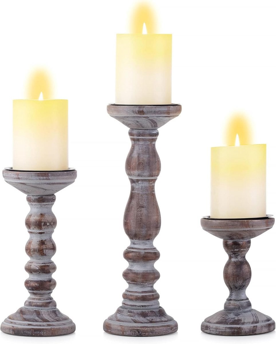 Rustieke Houten Kandelaars voor Dikke Kaarsen - Landelijke Decoratie