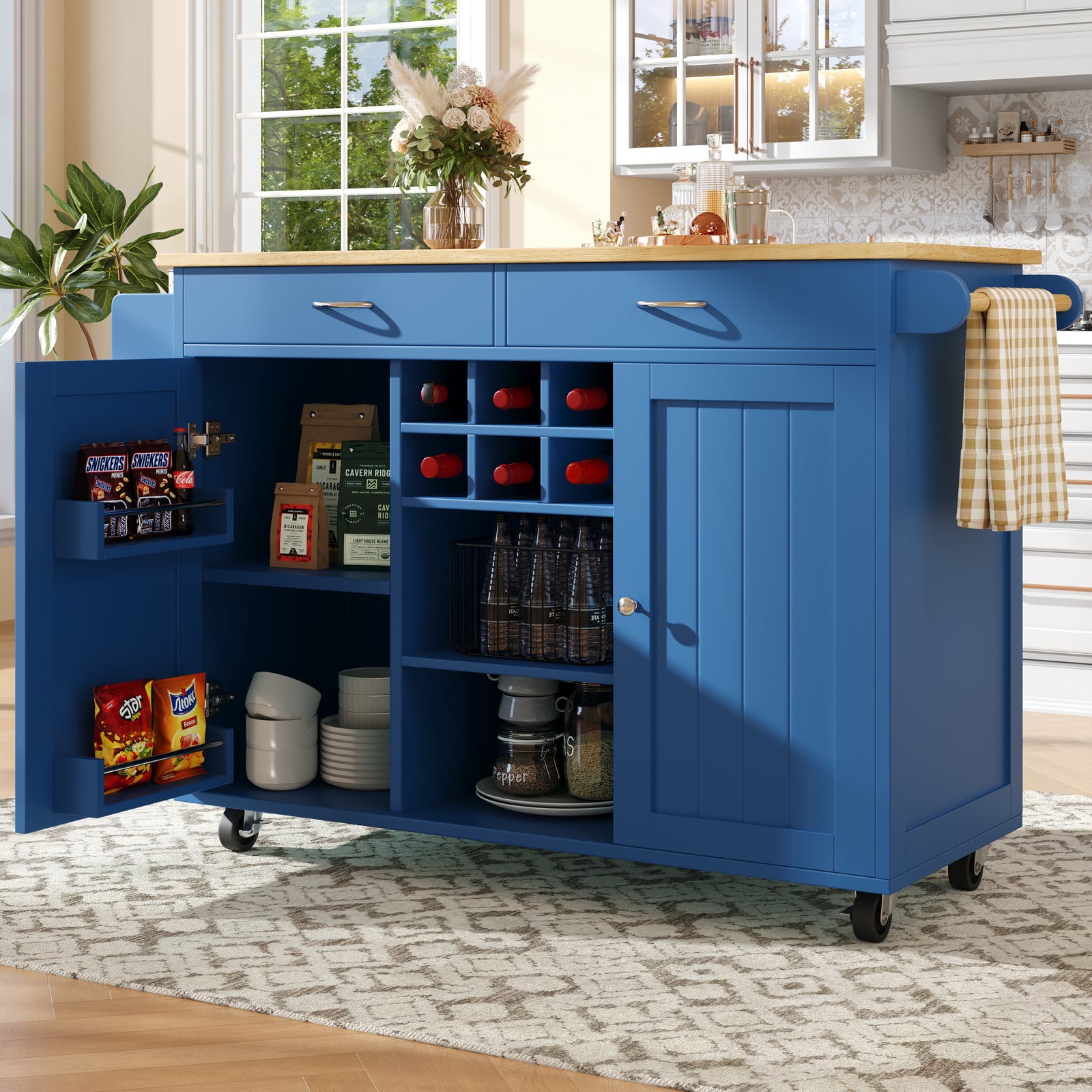 OKWISH Multifunctioneel Keukeneiland in Blauw met Wieltjes en Houtlook