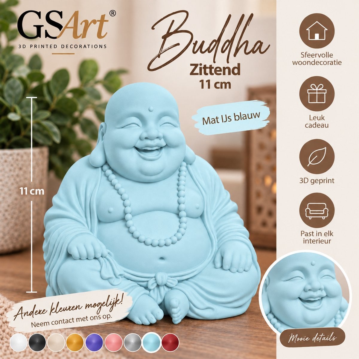 GSArt Decoratief Beeld Zittende Boeddha - Mat IJsblauw - 11 cm