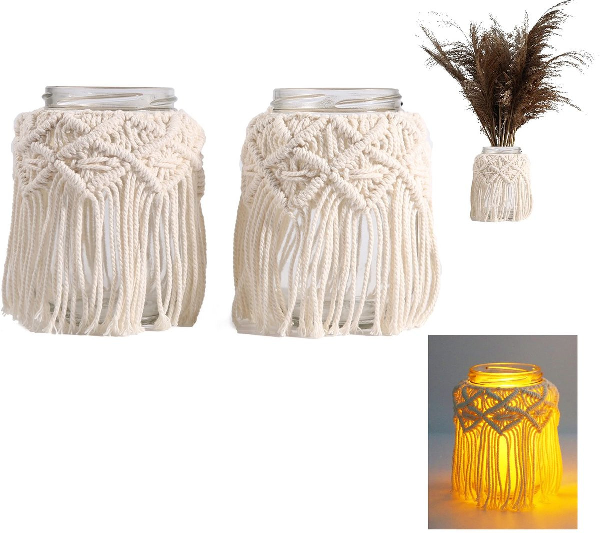 Dailygoods Kaarsenstandaard Handgemaakt - Macramé Kandelaar - Beige Boho Decoratie