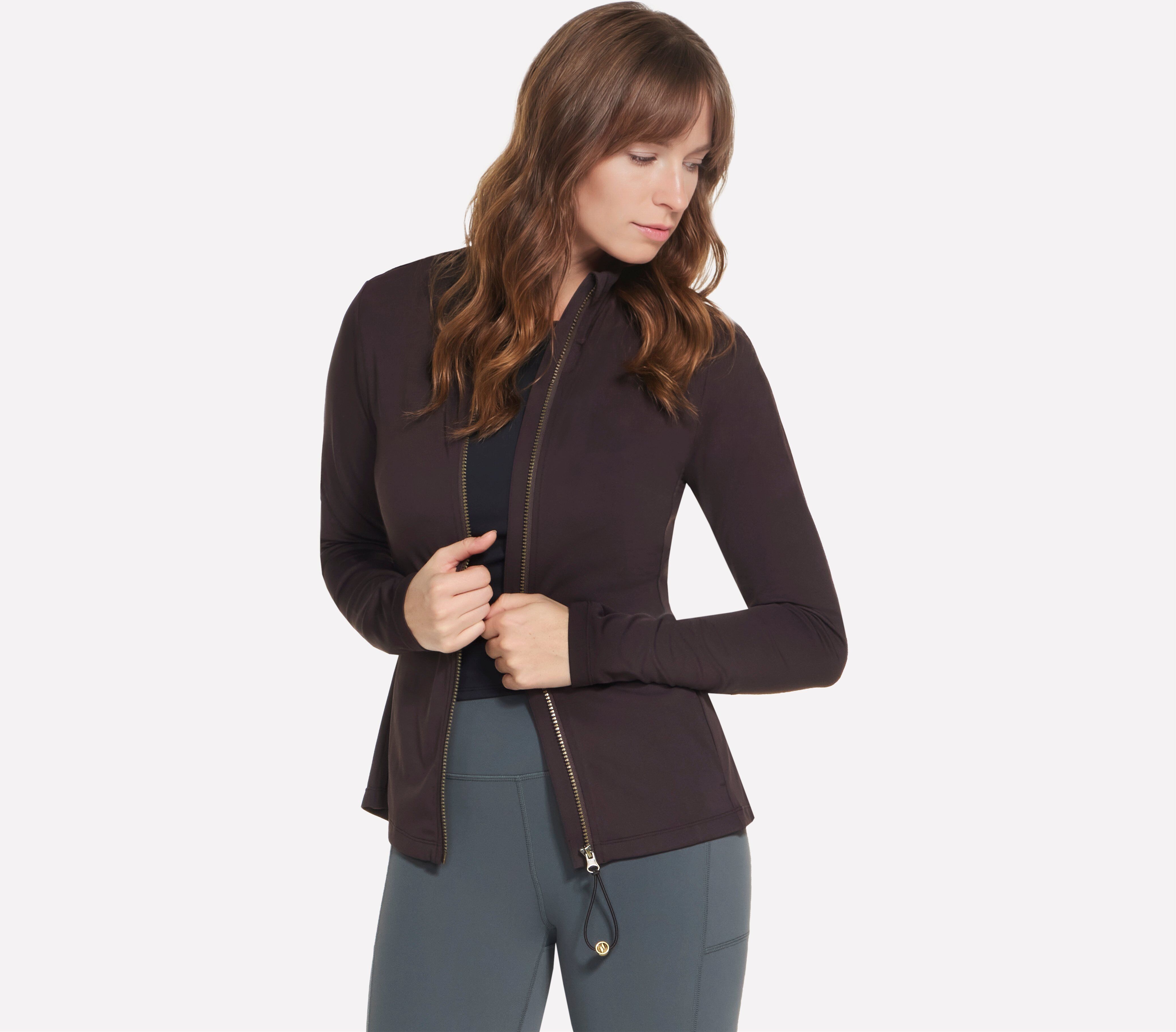 Trainingsjacke SKECHERS "Women's Jacket", Damen, Gr. S, braun (schwarz espresso), Obermaterial: 82% Polyester, 18% Elasthan, Jacken Trainingsjacke, für Fitness und Sportmode, in mehreren Grössen erhältlich schwarz espresso S