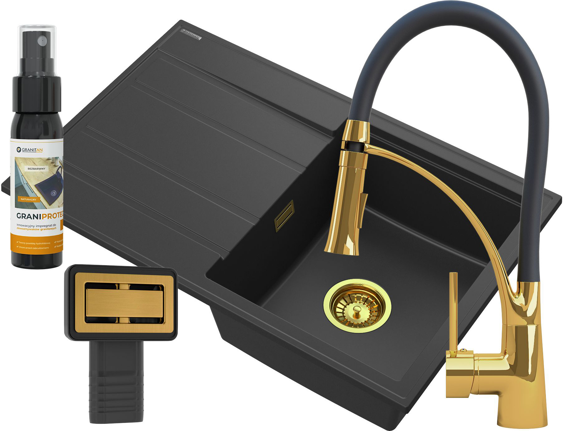 Granitan - Aufsatzwaschbecken - Schwarz - mit Armatur & Ablaufgarnitur Gold & Zubehör - Waschtisch - TIMOR