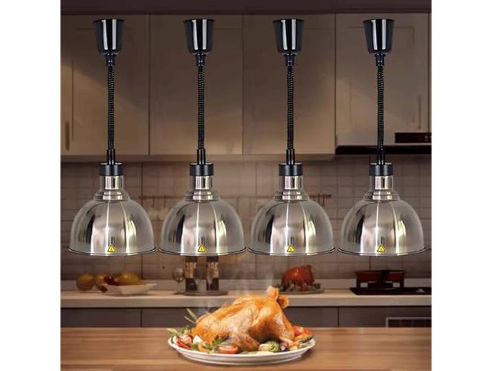 Aocay Wärmelampe Küche Gastro(Edelstahl-25cm, 4 Stück) Hängende Speisenwärmer Lampe Einstellbare Höhe, 250W Lebensmittel Wärmelampe Buffet 19cm/25cm