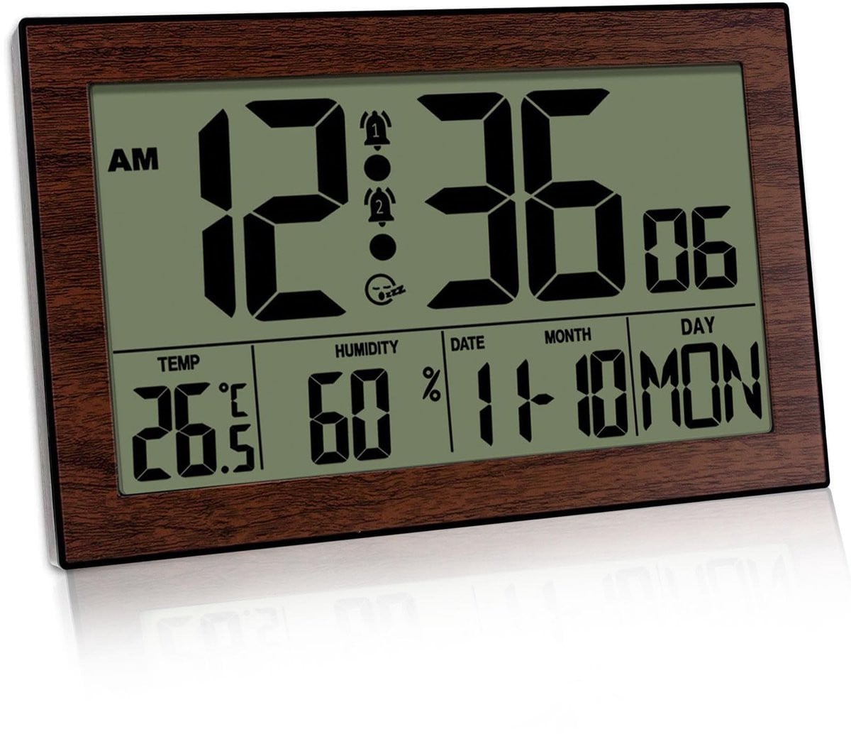 Merkloze Digitale Wandklok met Temperatuur- en Vochtigheidsweergave en Alarmfunctie - Bruin