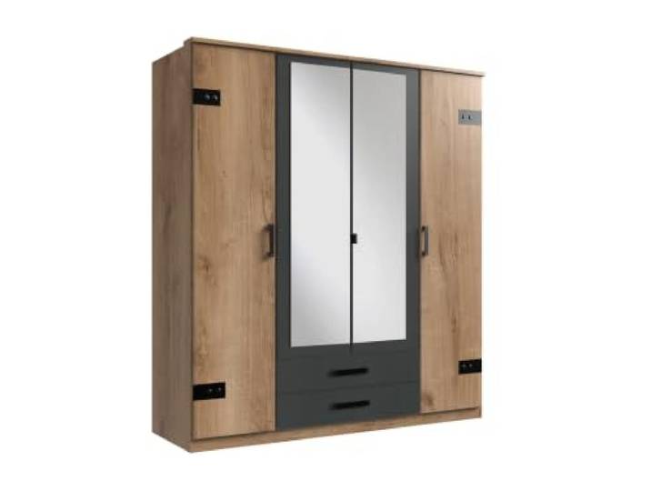 Kleiderschrank Cork Plankeneiche mit Grafit, 180 cm mit Spiegel Drehtürenschrank, mit und ohne Spiegel verfügbar, Breite 135cm und 180cm