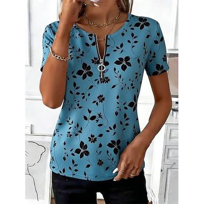 Damen T Shirt Reißverschluss Blumen Grafik Pflanzen Stilvoll Klassisch Lässig Kurzarm Rundhalsausschnitt Normale Oberteile Täglich Sport Wochenende Blau Gelb Purpur Grün Sommer Frühling