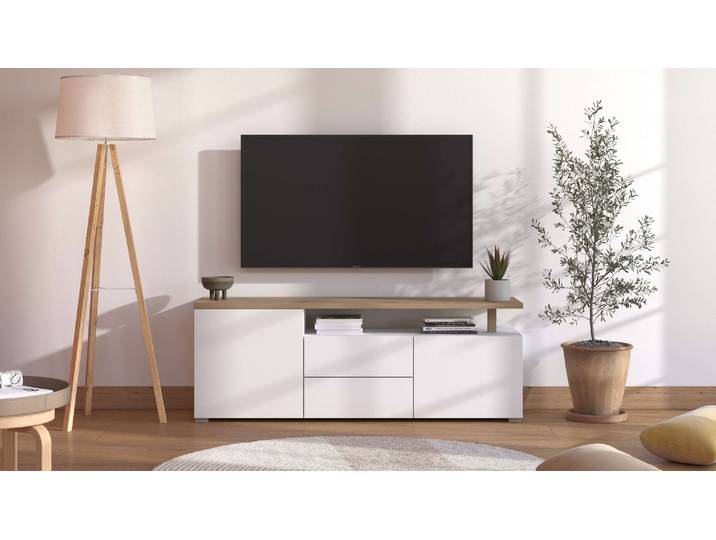 TV-Board HOME AFFAIRE Aterno TV-Bank, TV-Schrank , weiß (weiß, natur), B:154cm H:55,5cm T:40cm, Sideboards, TV-Board, Breite 102,5 cm, mit Push-to-Open Funktion