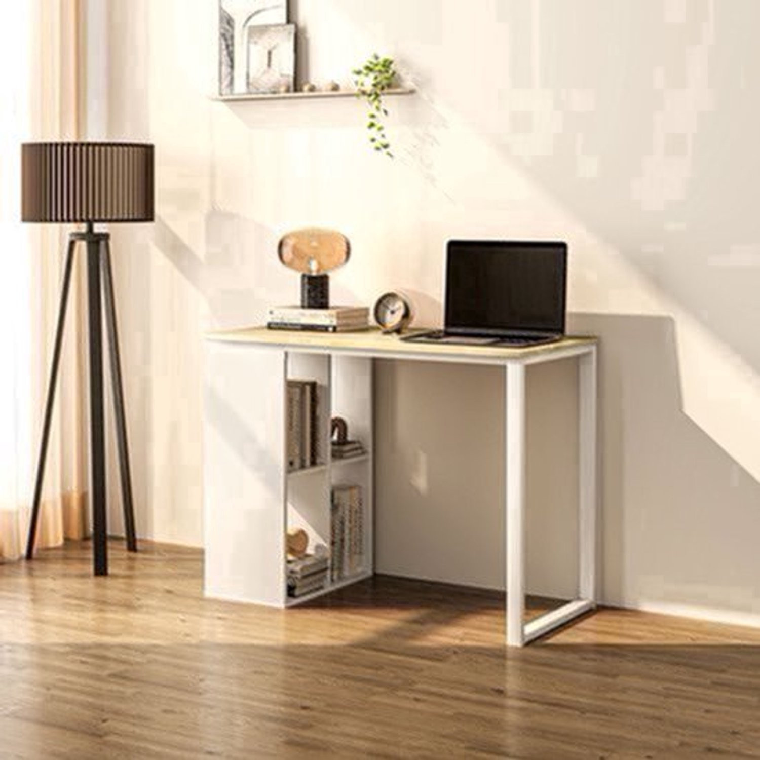 Compact Computertafel Oak - Ruimtebesparend Bureau met Ingebouwde Opbergruimte