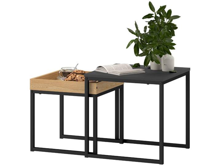 HOMCOM 2er-Set Couchtisch, Eckiger Beistelltisch, Kaffeetisch mit Stahlgestell