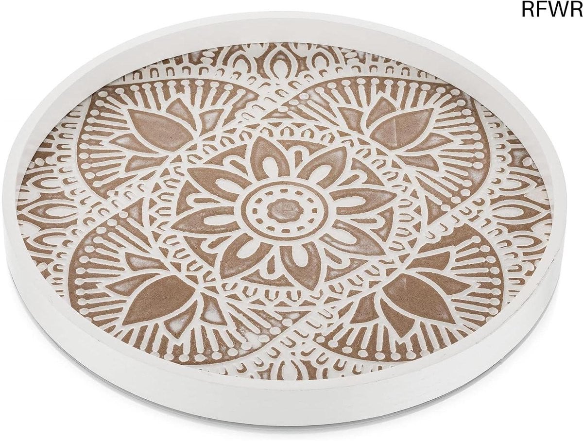 RFWR Ronde houten decoratieve lade – Rustiek wit boho dienblad voor woondecoratie