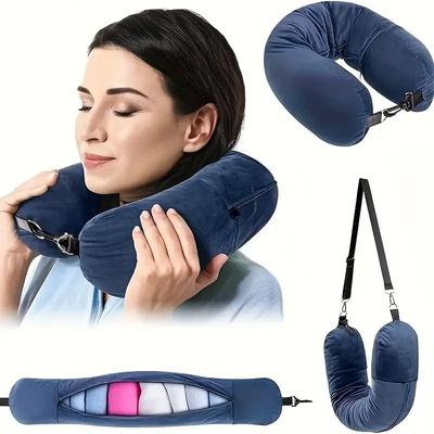 Inspired Finds Fillable Travel Neck Pillow Soft Fleece U Shaped Pillowcase With Storage Bag blue