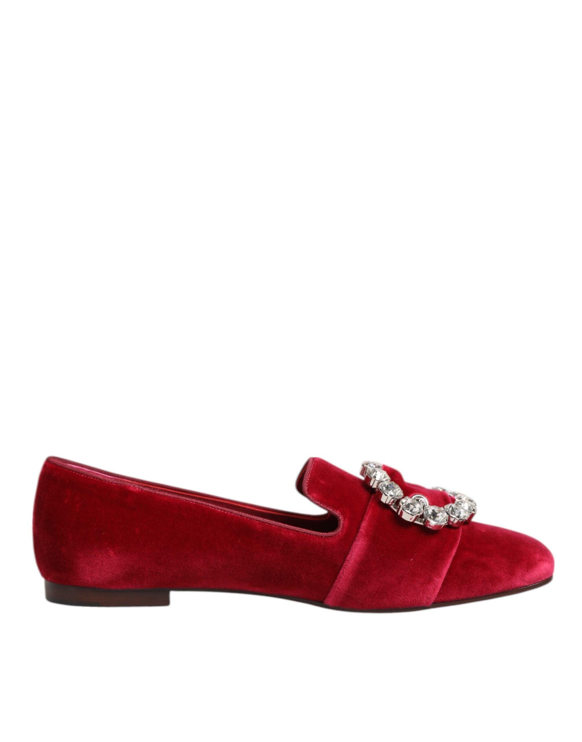 Dolce & Gabbana Rote Samt Crystal Schnalle Slipper Flachschuhe