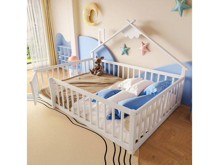 Lit enfant en bois de pin - 140x190 cm - Blanc - Garde-corps avec serrure - Design maison - Facile à assembler