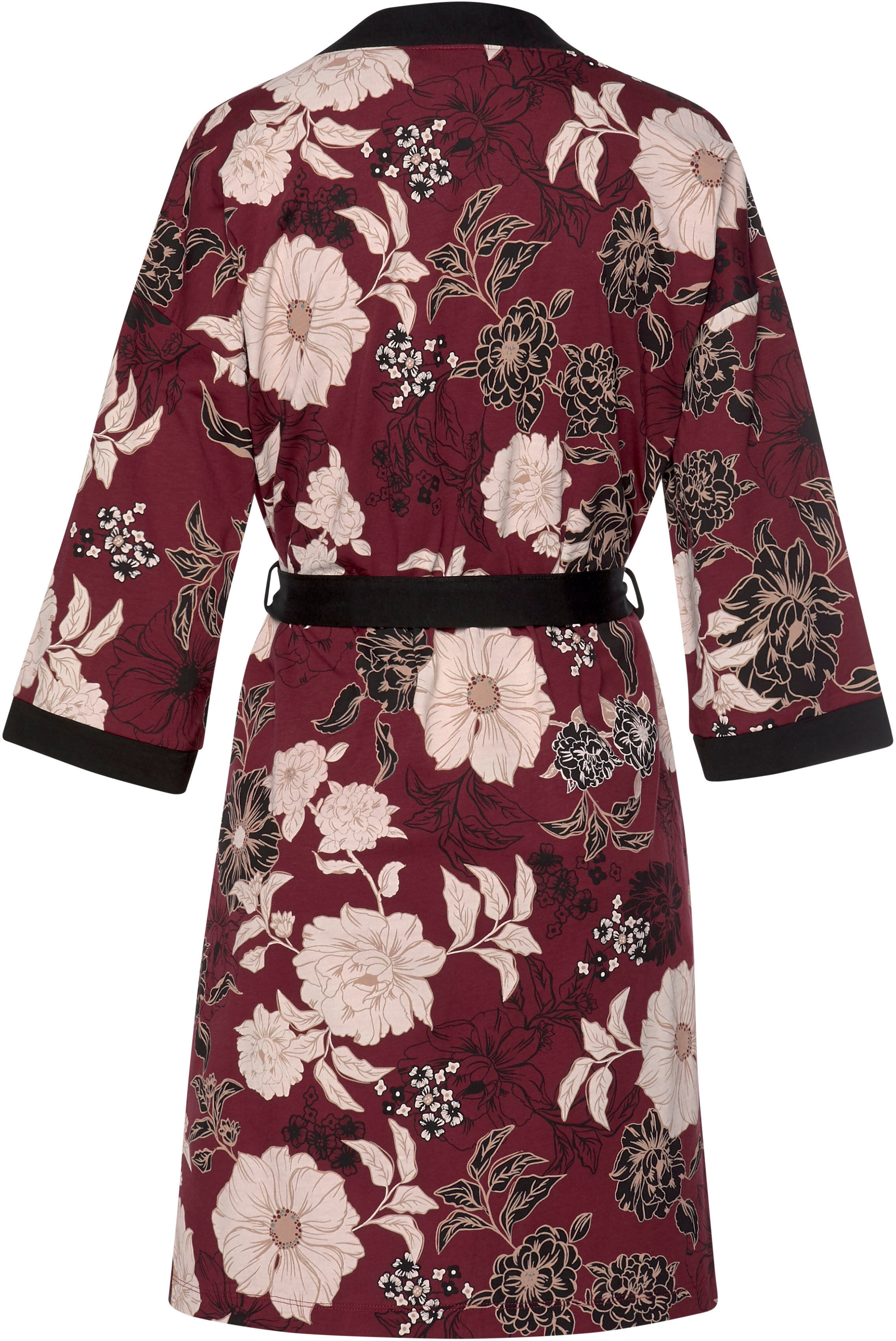 Kimono S.OLIVER, Damen, Gr. 44/46, rot (bordeaux, schwarz), Baumwoll-Mix, gemustert, mehrfarbig, Kurzform, Hausmäntel Kimono, mit Blumen-Dessin bordeaux, schwarz 44/46
