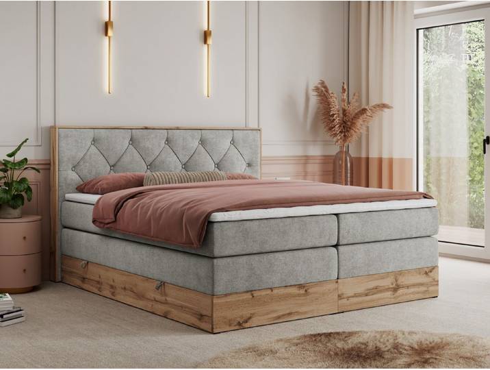 MKS MÖBEL Boxspringbett VENETO KING (Doppelbett, Multipocket-Matratzen, Topper T25/Visco, T30-Schaum), zwei Bettkästen und Rahmen in Eichen-Optik, Schlafzimmer, Polsterbett