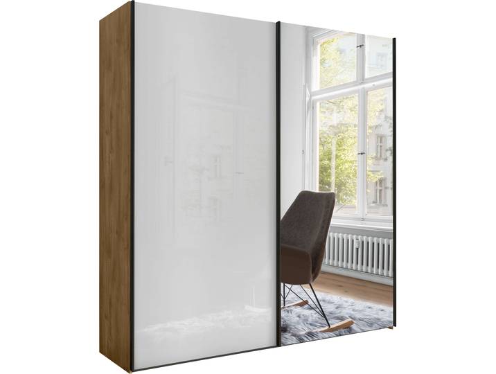 Schwebetürenschrank, 148,9x217 cm, Holzwerkstoff & Floatglas, Bianco/Eiche, 2 Türen & Spiegeltür, Modern, Wiemann