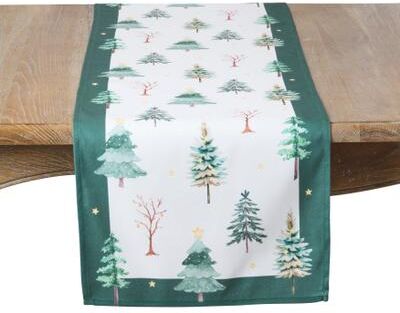 Saro "Christmas Tree Table Runner - Festive Holiday Table Runner with Watercolor Evergreen Tree Print - 16""x72"""
