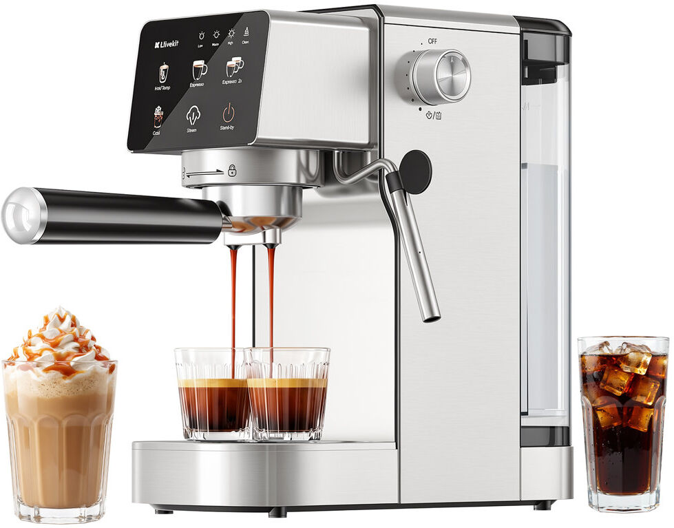 KOSY KOALA 20 Bar Espresso Machine, Milk Frother for Cappuccino Latte, Hot & Cold Brew, 3 Temperature Levels, 1.2L Water Tank, Compatible with Capsule & Ground C Silver 2L