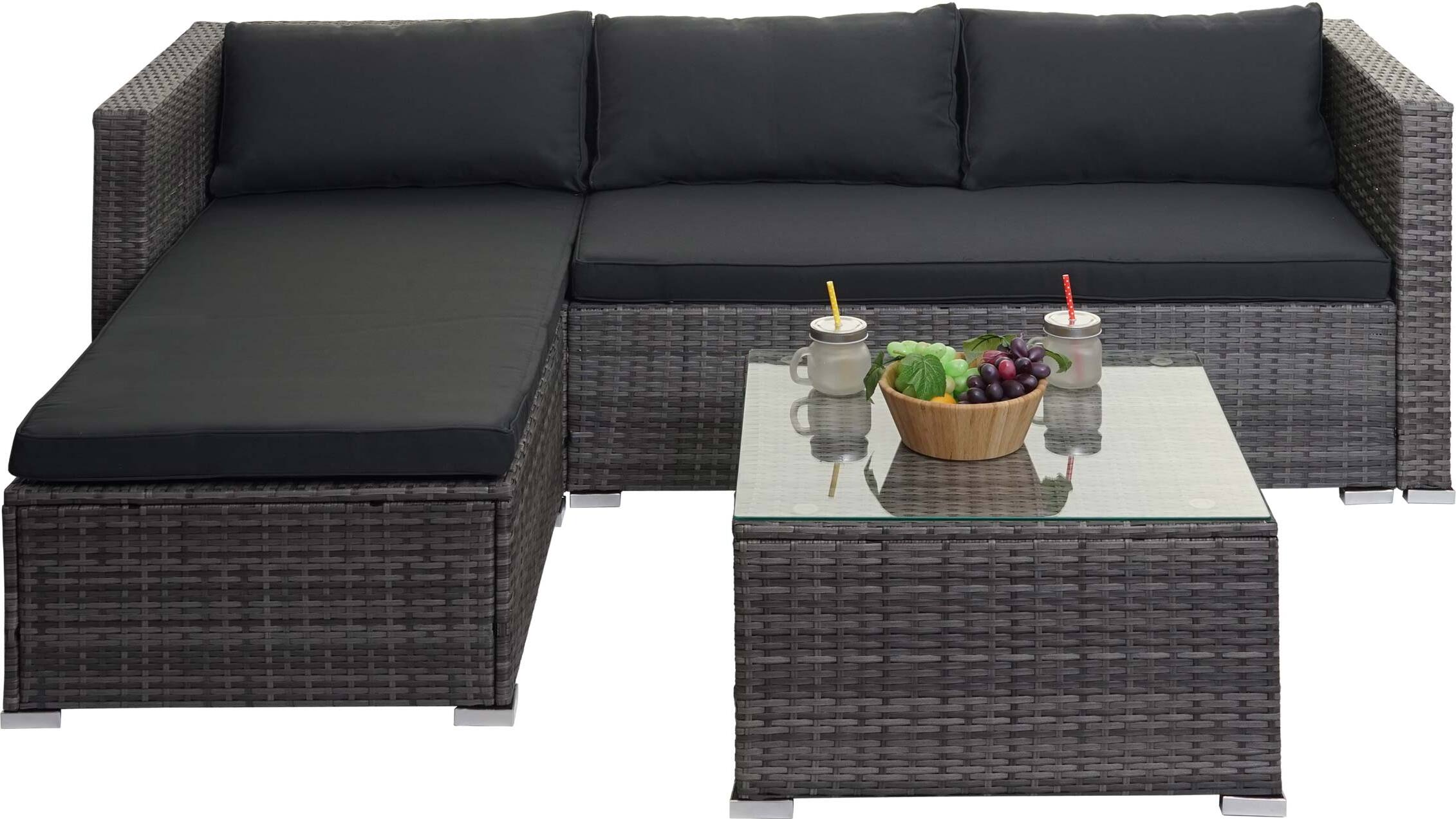 Poly-Rattan Garnitur HWC-F57, Balkon-/Garten-/Lounge-Set Sofa Sitzgruppe grau, Kissen dunkelgrau ohne Deko-Kissen