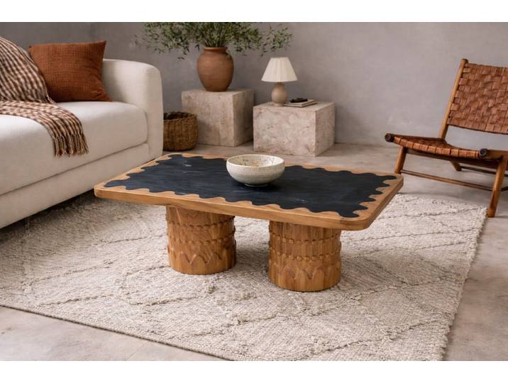 Sitheim® Couchtisch COUCHTISCH DESIGN AKAZIE HOLZ MIT GRÜNER MARMORPLATTE