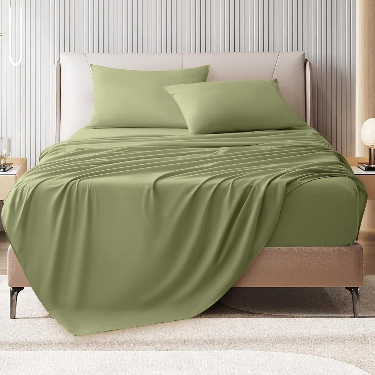 4-delige katoenlook lakenset Queensize - Olijf
