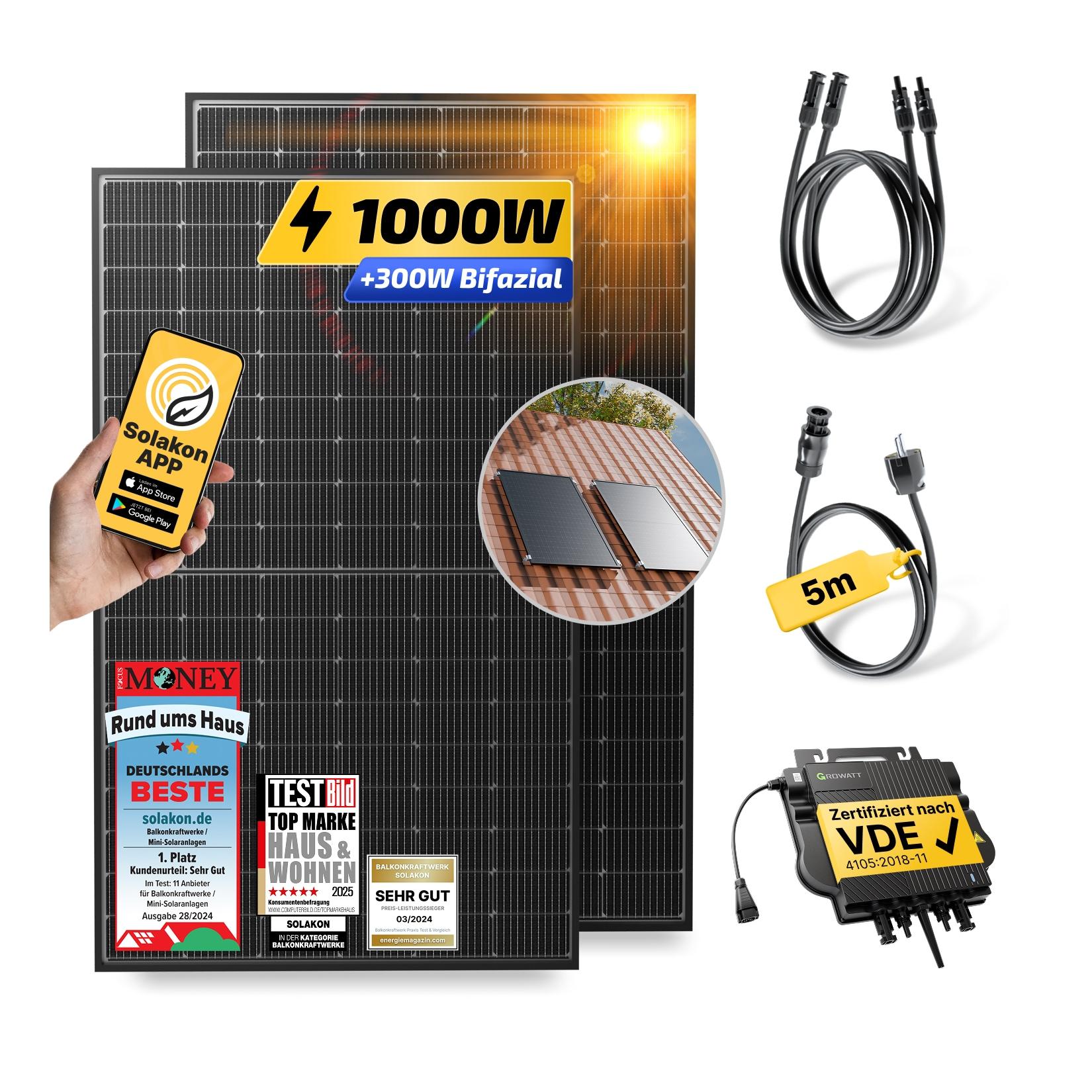 Balkonkraftwerk 1000W/800W Solaranlage mit Dach Halterung (Einzelmontage) Halterung Steckerfertig WIFI Komplettset Photovoltaik Anlage 800W, Kabellänge: 5m