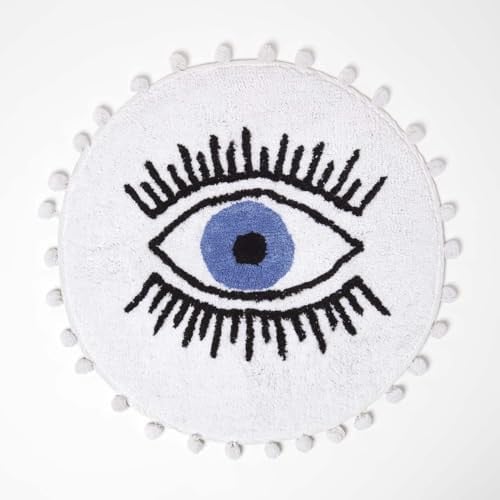 Homescapes Eye See You Ronde Badmat met Oogmotief en Bommels, Wit, Diameter: 60 cm