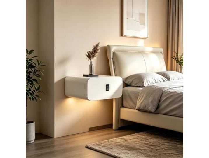 Wandmontierter Nachttisch mit digitalem Zahlenschloss, Wand-Nachttisch mit großer Schublade, Abgerundete Ecken, Massivholz, schwebender Beistelltisch fürs Schlafzimmer(30x40x20cm)