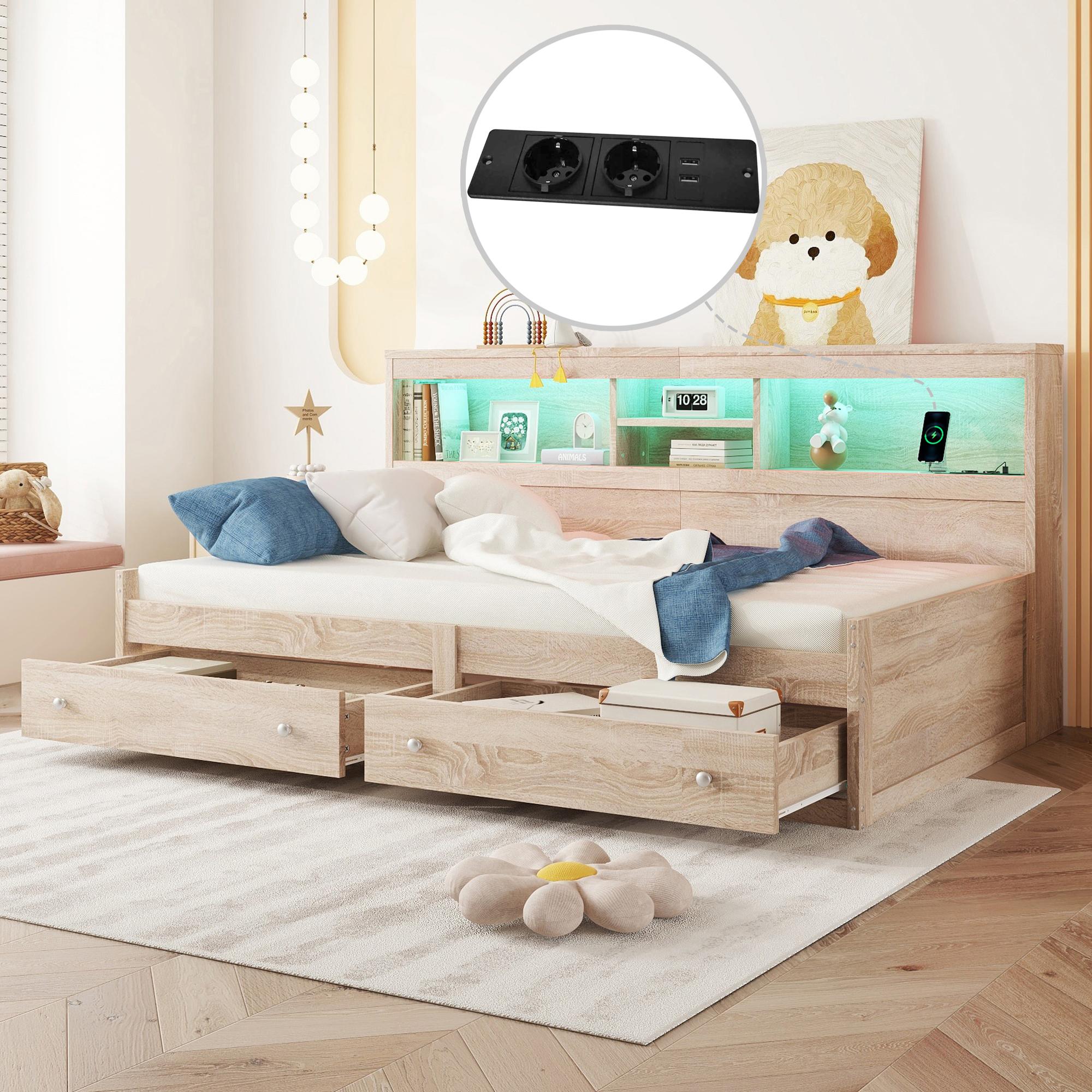 Schlafsofa 90*200cm (Naturspanplatte): Nachttisch, 2 USB-Anschlüsse + 2 weitere Anschlüsse, Beleuchtung, 2 Schubladen, Lattenrost (Matratze nicht im Lieferumfang enthalten)