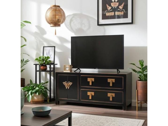 OPIUM OUTLET TV Kommode Sideboard Schrank Lowboard asiatisch orientalisch chinesisch Vintage-Stil schwarz Shabby-chic