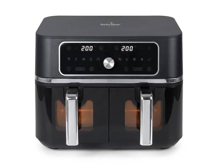 SWISS HAUS - Heißluftfritteuse mit Doppelkorb Basel Premium Collection - 10 Programme, synchronisiertes Garen, 3100W - 9 L (4,5 L x 2) - Schwarz SH-AF2309