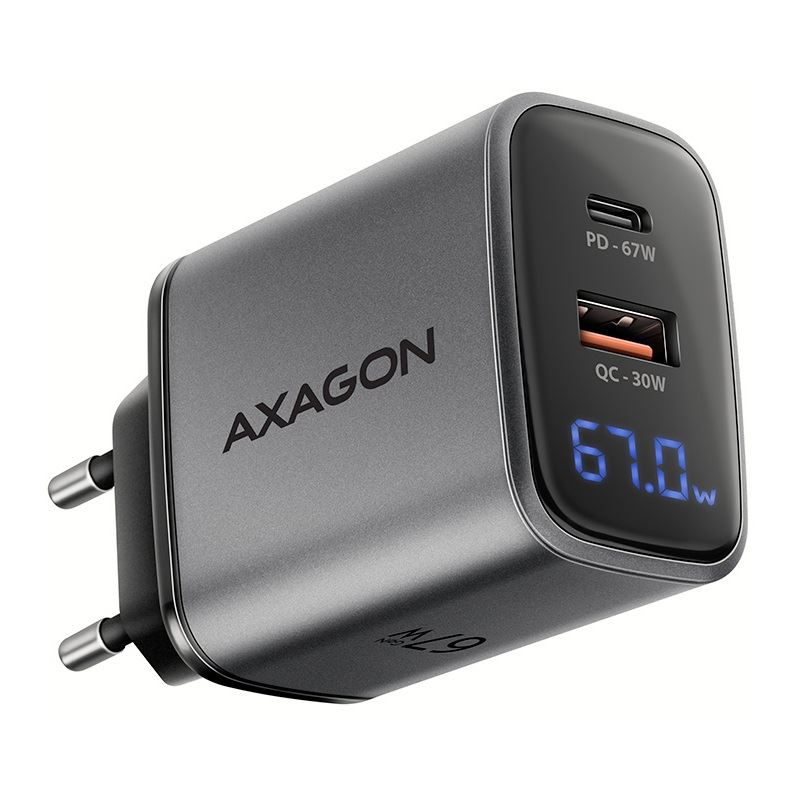 AXAGON ACU-PQ67D GaN Ladegerät, USB-C Power Delivery 3, USB-A Quick Charge 4 - grau