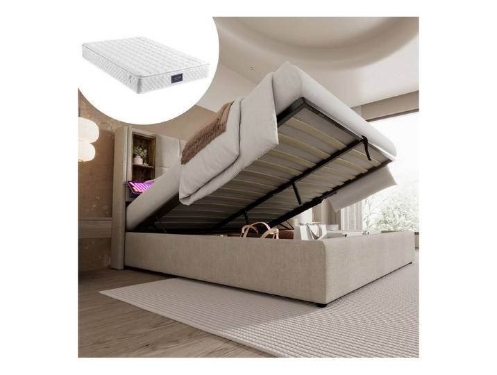 HAUSS SPOLE Polsterbett 160x200cm mit Kabellosem Laden USB C, Stauraum mit Matratze Natürlich (mit Lattenrost, mit Matratze,160x200cm), mit Kabellosem Laden USB C, Lattenrost aus Holz-Natürlich Leinen
