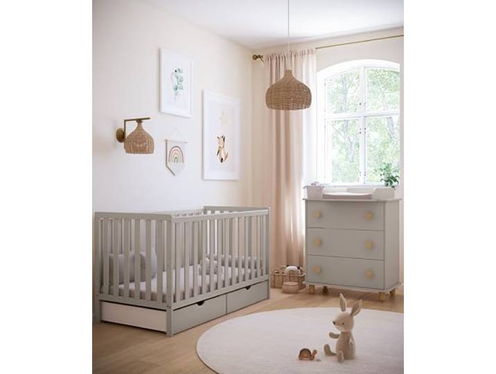 zee Kaschmir Bambi Babybett 140x70 cm 2in1 Mit 2 Schubladen Beißschutz 3 Fach Höhenverstellbar Gitterbett