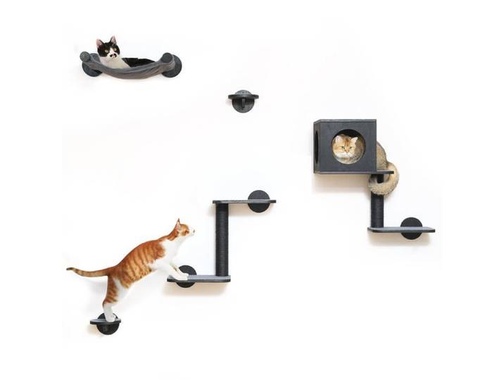 Étagère murale chat set de 5 en bois noir hamac marches poteau à griffer capacité 18 kg