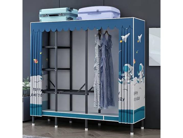 MmcdylyhEU Faltbarer tragbarer Kleiderschrank mit Abdeckung, Kleiderständer aus Metall mit Hängestangen, platzsparender Kleidungs-Organizer for Schlafzimmer(Blue2,170cm/66.9inch)