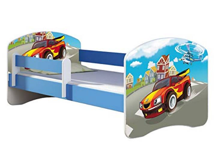 ACMA Kinderbett 160x80 cm Blau mit Matratze & Lattenrost – Jugendbett mit Rausfallschutz, personalisiertes Motiv 03 Racing Car, stabiles Kinderbett für Kinderzimmer, belastbar bis 120 kg