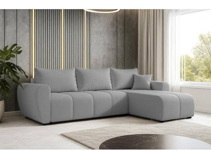 AXLIVING Eckcouch mit Schlaffunktion Malatya L Mini Sofa Hellgrau R Liegefläche: 140 x 200 cm. Sofa mit Schlaffunktion und großem Bettkasten. Maße: Breite 246 cm, Höhe 80 cm, Tiefe 145 cm.