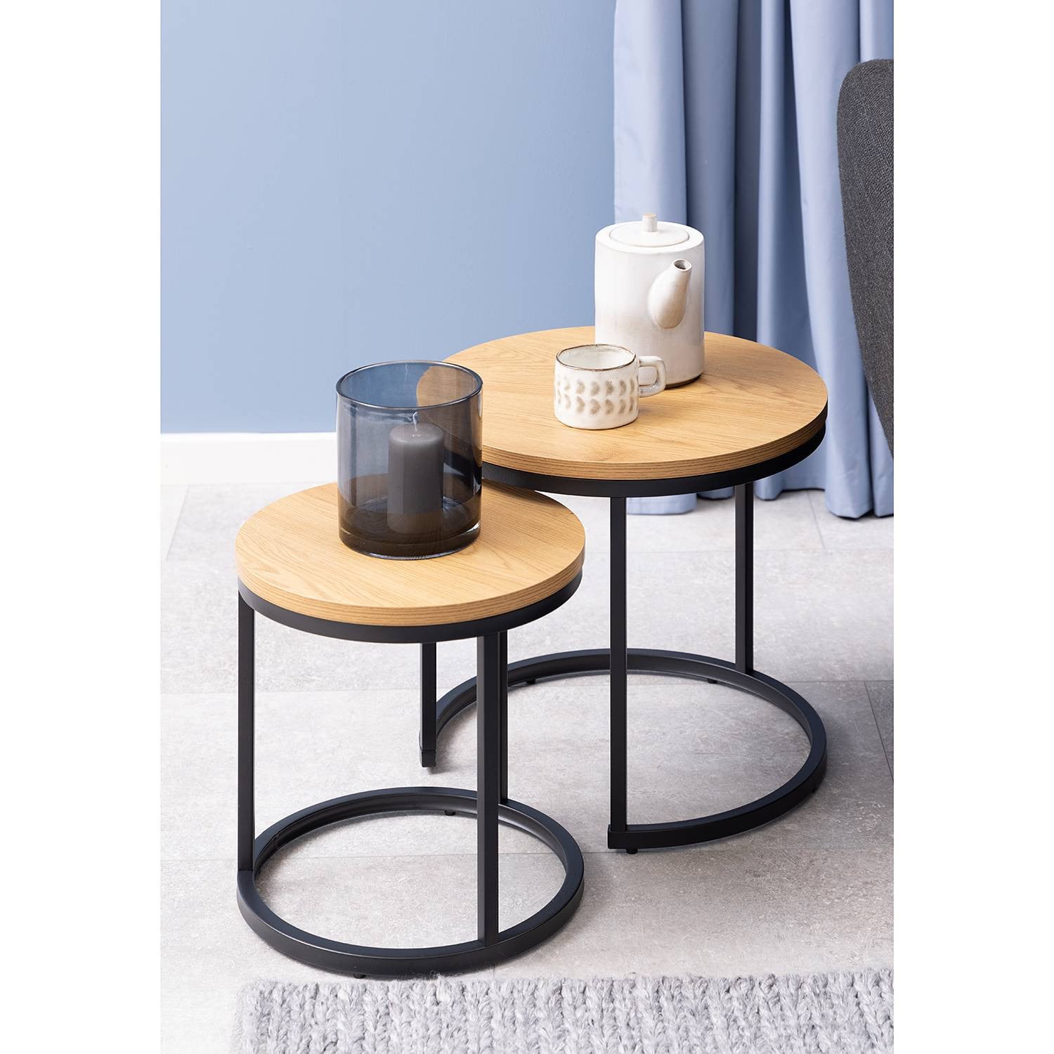 Bendt Bijzettafel Flemming Set van 2 stuks, Eiken, Bruin, Rond