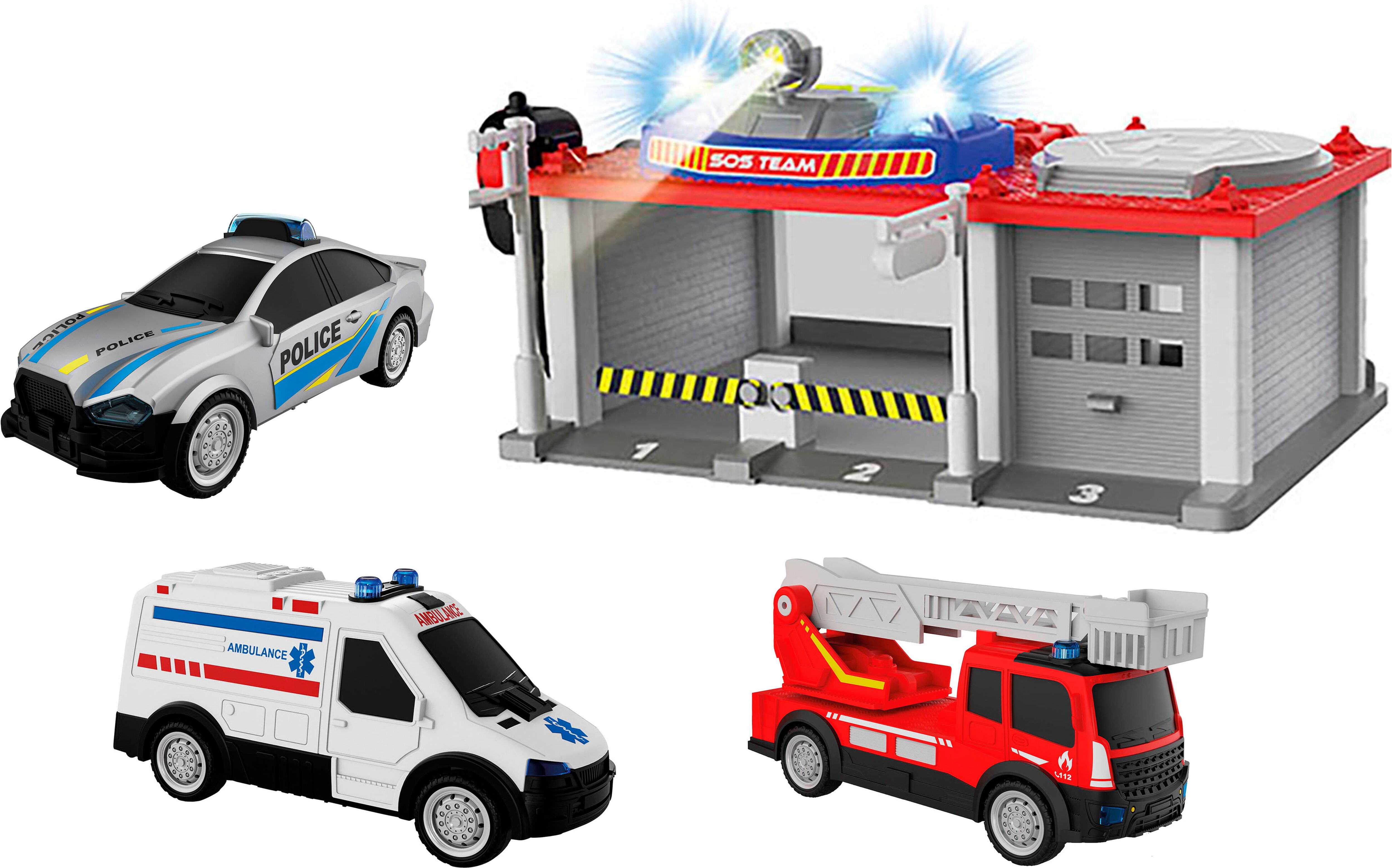 Spiel-Parkgarage HAPPY PEOPLE "SOS Station", bunt, Fahrzeug-Spielwelten, KinderB:36cm H:22cm T:22cm, Kunststoff, Spiel-Parkgarage, inkl. 3 Fahrzeuge; mit Licht- und Soundeffekten, B:36cm H:22cm T:22cm