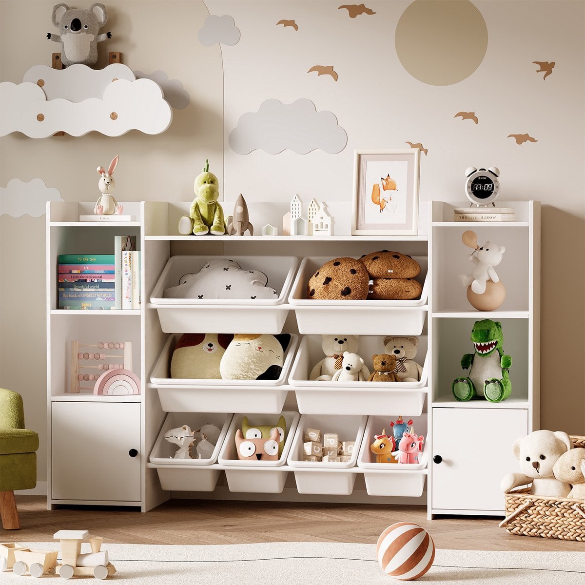 Bealife AP105 Kinder Opbergmeubel - Wit Speelgoedkast en Boekenplank met 2 Deuren, 8 Bakken en 9 Planken