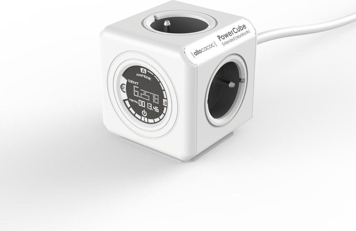 Allocacoc PowerCube Extended Monitor 4-voudige stekkerdoos met energieverbruiksmeter en 1,5 meter kabel