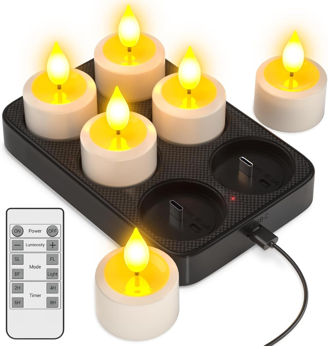 SnelShoppen 6-delige oplaadbare LED theelichtjes set met laadstation en afstandsbediening