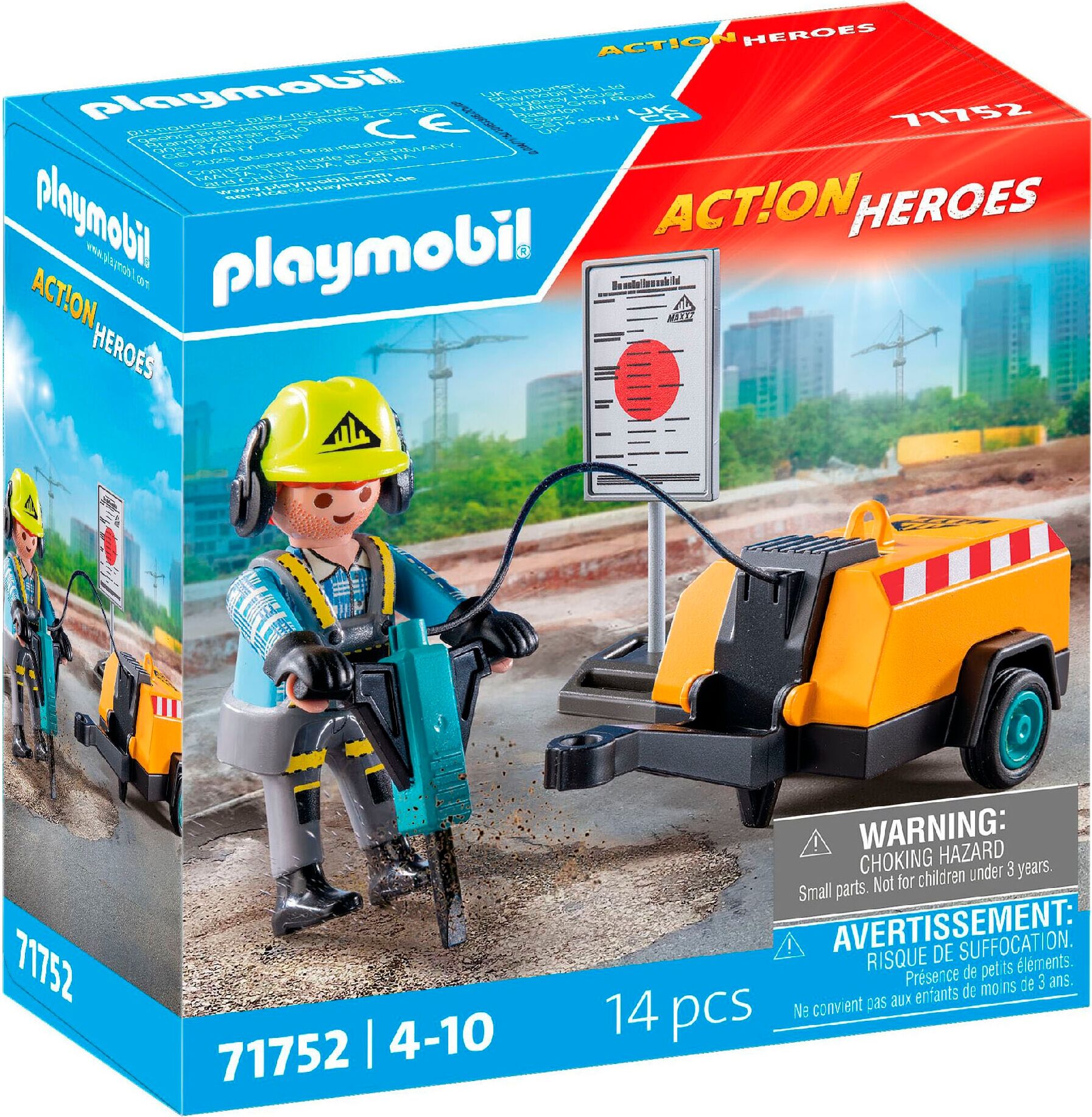 Konstruktions-Spielset PLAYMOBIL "Bauarbeiter mit Meißel (71752), Playmobil Action Heroes", bunt, Spielbausteine, Kinder, Kunststoff, Konstruktions-Spielset