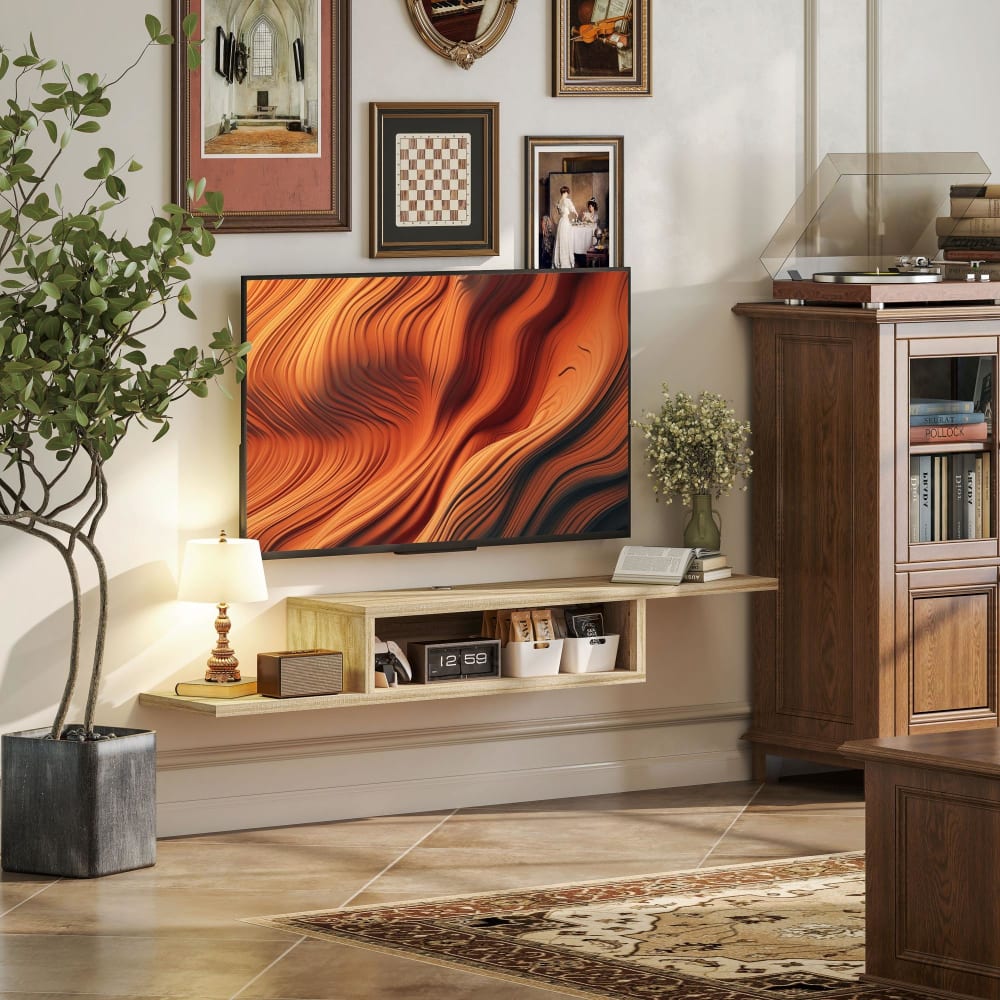 Homcom Meuble tv mural flottant design panneaux particules chêne clair Beige 152x21x29cm