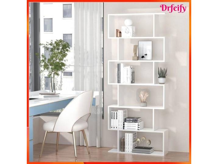 Bibliothèque étagère zigzag - AKOZON - 6940 - 6 niveaux - 80x23x192 cm - Blanc mélaminé