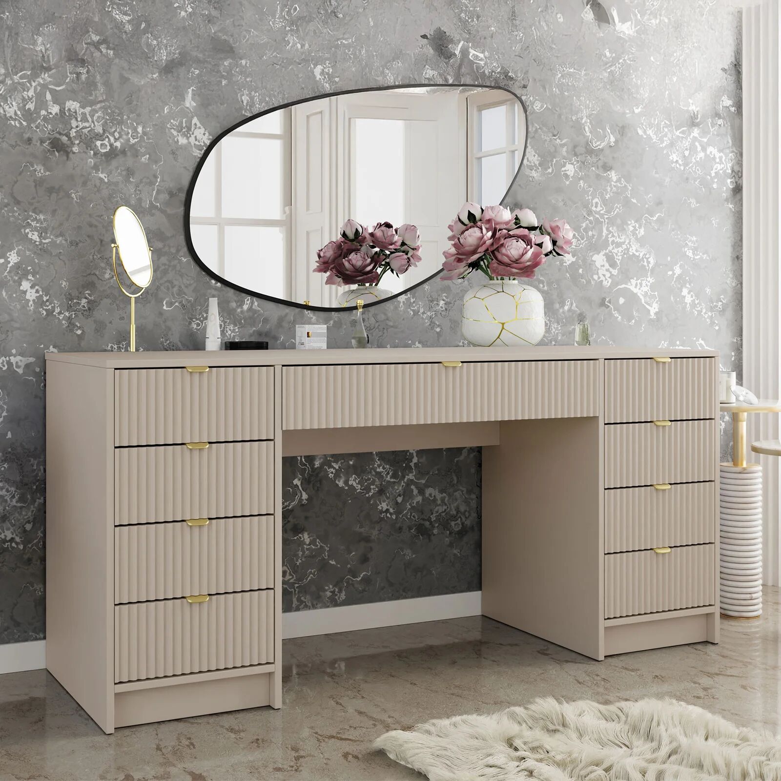 garneroarredamenti Scrivania 154x55cm con 9 cassetti cannettata beige Athena