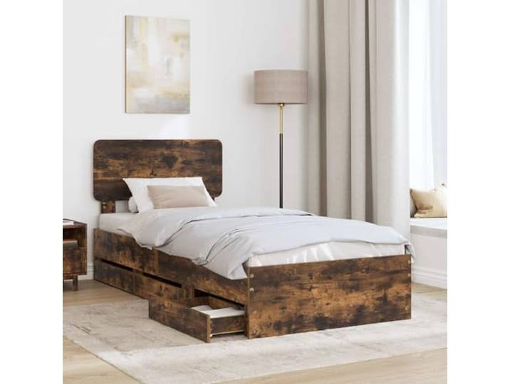 KTHLBRH Bett mit Schublade Eiche geräuchert 90 x 190 cm Technisches Holz, verstellbares Kopfteil, feste Latten, platzsparendes Design