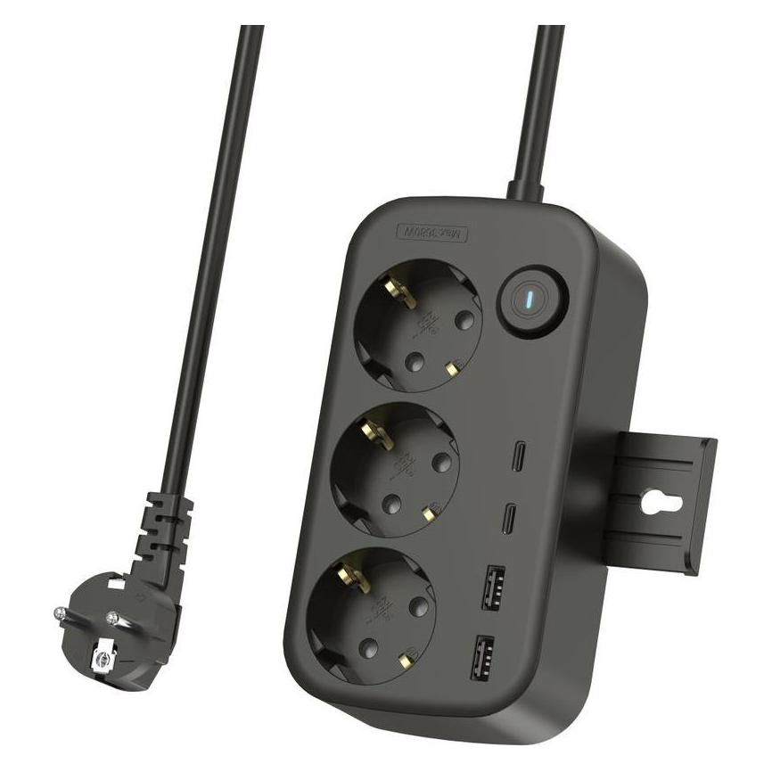 Nextbatt Power strip 3-way/2x USB-A/2x USB-C + hook/phone stand, 1.5 m - Black (3x, 2 m) (NB-LP763A)