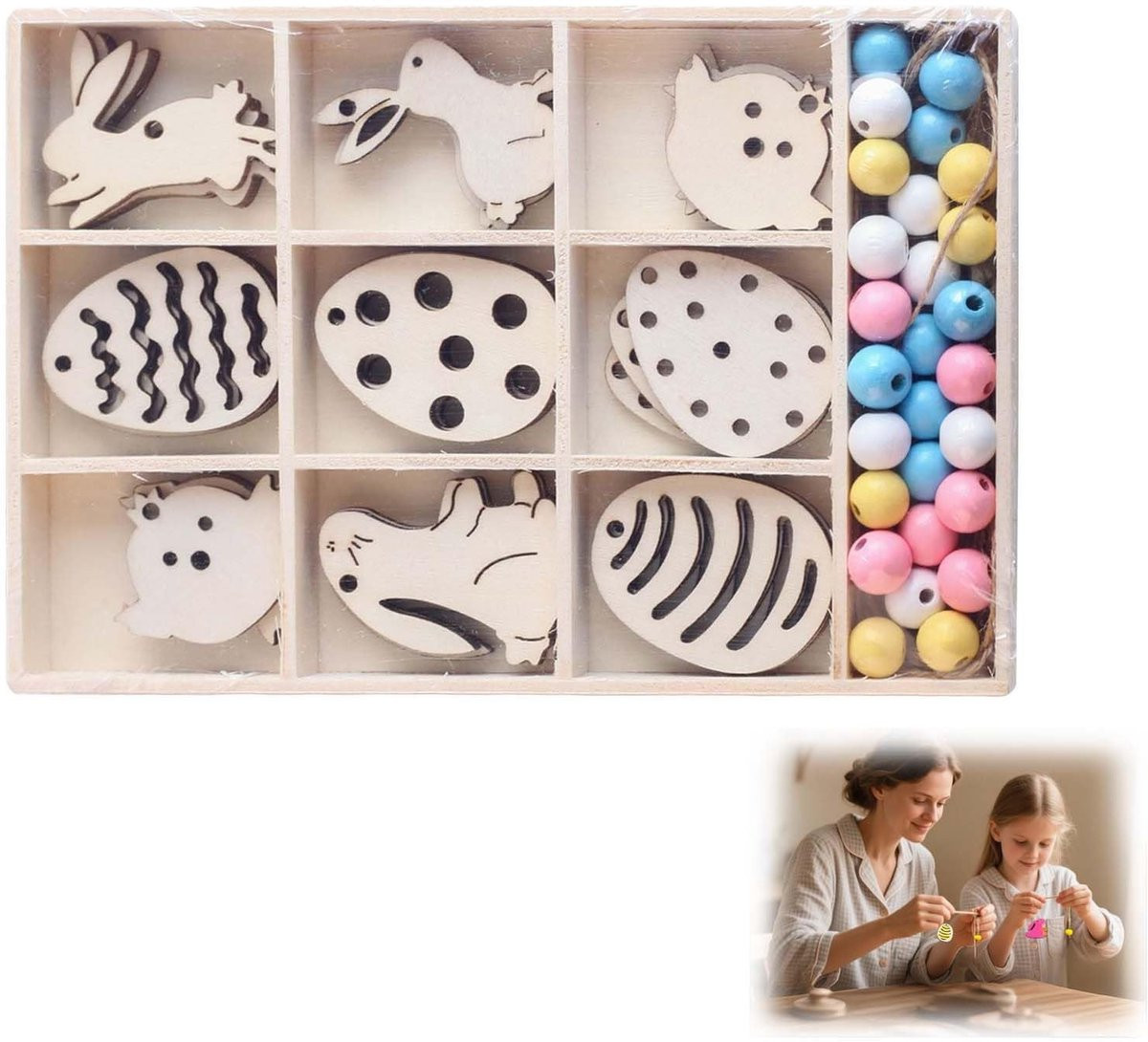 Dailygoods Paashaas Hanger Set van 36 stuks - Houten Paasdecoratie - Natuurkleurig